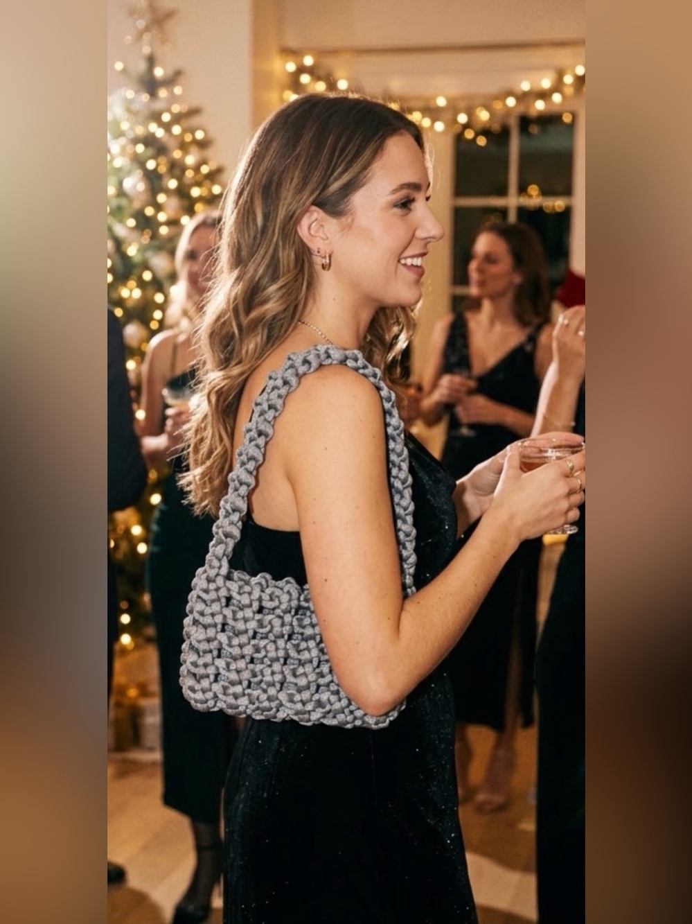KARA Gray Hand-Knotted Reflective Satin Armpit Bag